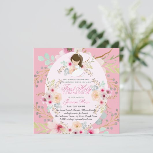 水彩ピンクフラワーファースト招待状 招待状 (スタンド正面)