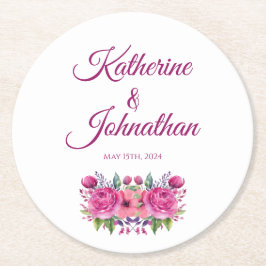 水彩ピンクフラワーブーケ紙コースター ラウンドペーパーコースター