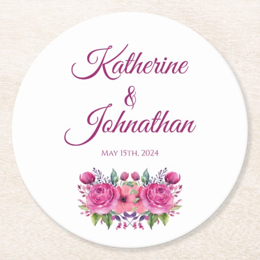 水彩ピンクフラワーブーケ紙コースター ラウンドペーパーコースター (正面)