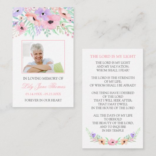 水彩ピンクフラワー葬儀祈りの言葉カード 名刺 (正面/裏面)