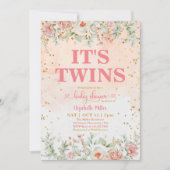 水彩ピンクフラワー開花ツインガールベビーシャワー 招待状 (正面)