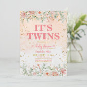 水彩ピンクフラワー開花ツインガールベビーシャワー 招待状 (スタンド正面)
