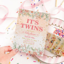 水彩ピンクフラワー開花ツインガールベビーシャワー