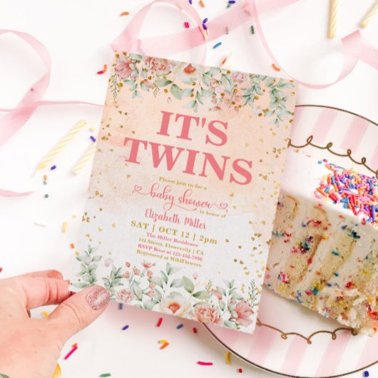 水彩ピンクフラワー開花ツインガールベビーシャワー 招待状