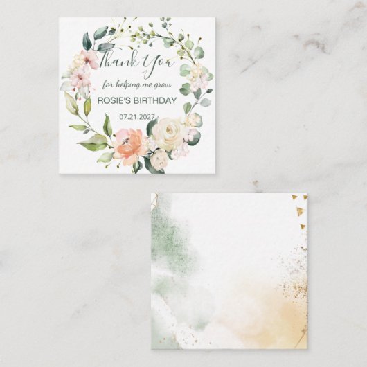 水彩ピンクフローラありがとう スクエア名刺 (正面/裏面)