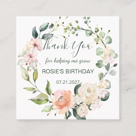 水彩ピンクフローラありがとう スクエア名刺 (正面)