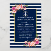 水彩ピンクフローラいかりストライプブルー金ゴールド 箔招待状 (正面)