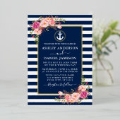 水彩ピンクフローラいかりストライプブルー金ゴールド 箔招待状 (立ち正面)