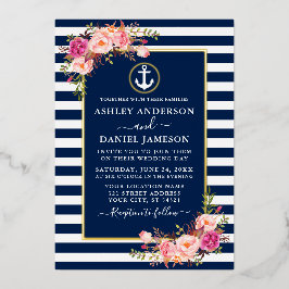 水彩ピンクフローラいかりブルーストライプ金ゴールド 箔招待状