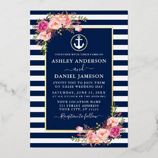 水彩ピンクフローラいかりブルーストライプ金ゴールド 箔招待状 (正面)