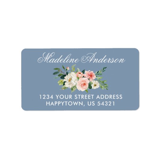 水彩ピンクフローラほこりっぽいブルー差出人住所 ラベル (正面)