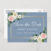 水彩ピンクフローラほこりっぽいブルー日付を保存 ポストカード (正面/裏面)