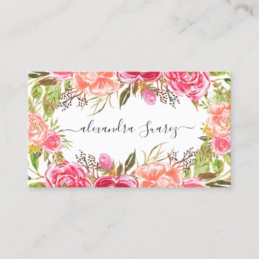 水彩ピンクフローラエレガントブラックストライプシック 名刺 (正面)
