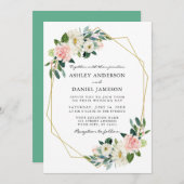 水彩ピンクフローラエレガント金ゴールドフレームネオミント 招待状 (正面/裏面)