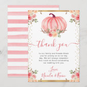 水彩ピンクフローラカボチャ秋の結婚式 サンキューカード (正面/裏面)