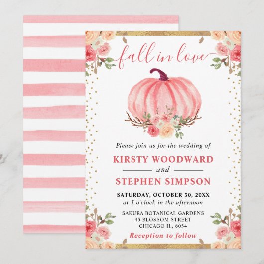 水彩ピンクフローラカボチャ秋の結婚式 招待状 (正面/裏面)