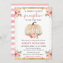 水彩ピンクフローラカボチャ秋ベビーシャワー 招待状