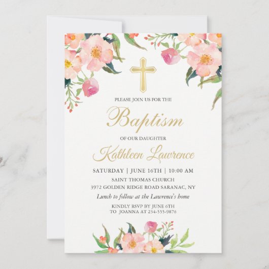 水彩ピンクフローラガールバプテスマ招待状 招待状 (正面)