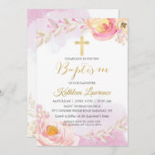 水彩ピンクフローラガールバプテスマ招待状 招待状 (正面/裏面)
