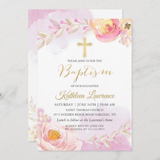 水彩ピンクフローラガールバプテスマ招待状 招待状 (正面/裏面)