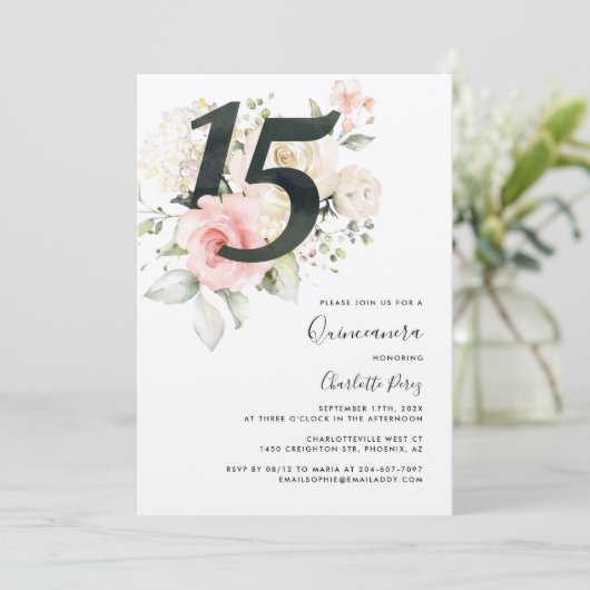 水彩ピンクフローラキンセアニェラ15誕生日 招待状 (スタンド正面)