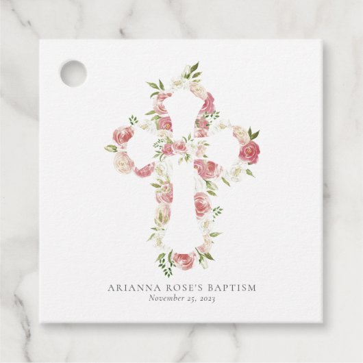 水彩ピンクフローラクロスバプテスマ フェイバータグ (正面)