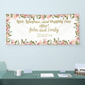 水彩ピンクフローラグリーン&金ゴールド結婚ズ 横断幕 (トレードショー)