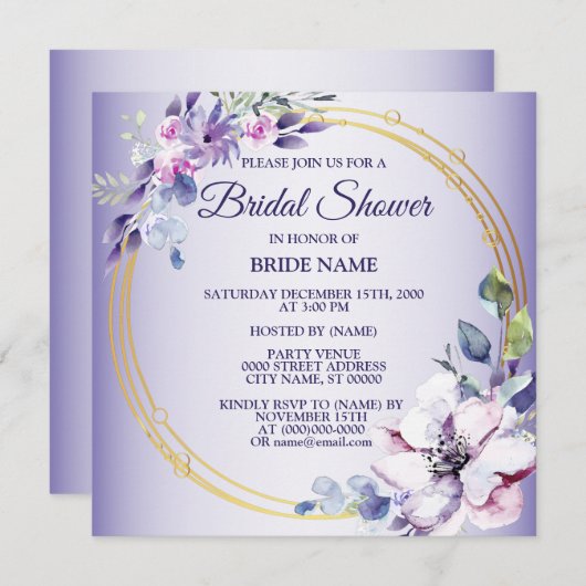 水彩ピンクフローラゴールデンパープルブライダルシャワー 招待状 (正面/裏面)