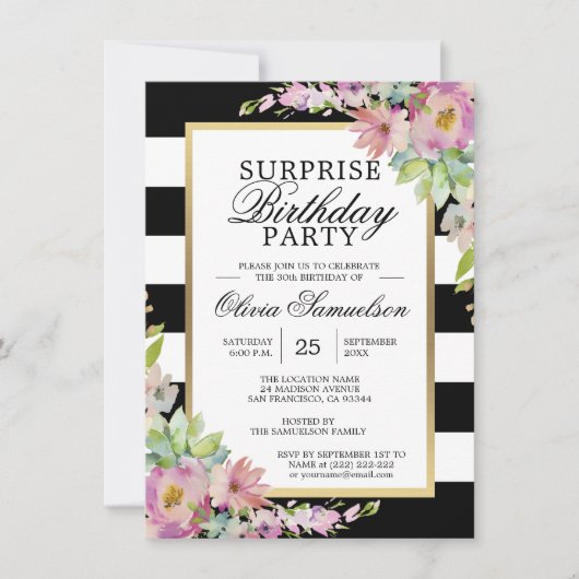 水彩ピンクフローラサプライズ誕生日パーティー 招待状 (正面)