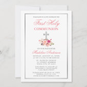 水彩ピンクフローラシルバー第1聖餐式 招待状 (正面)