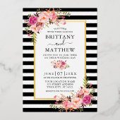  水彩ピンクフローラストライプの結婚の金ゴールド 箔招待状 (正面)