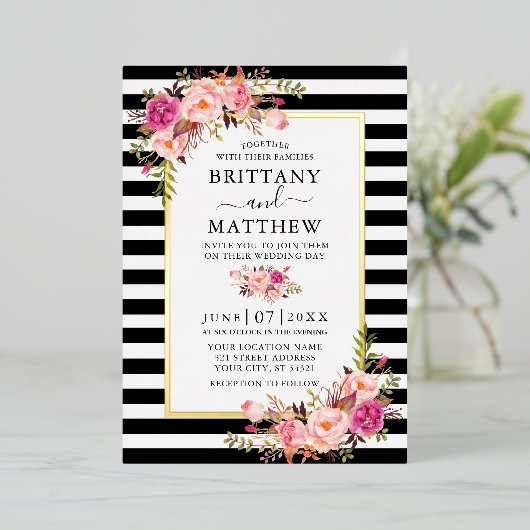  水彩ピンクフローラストライプの結婚の金ゴールド 箔招待状 (立ち正面)