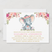水彩ピンクフローラゾウ赤ちゃんシャワー金ゴールド 招待状 (正面)