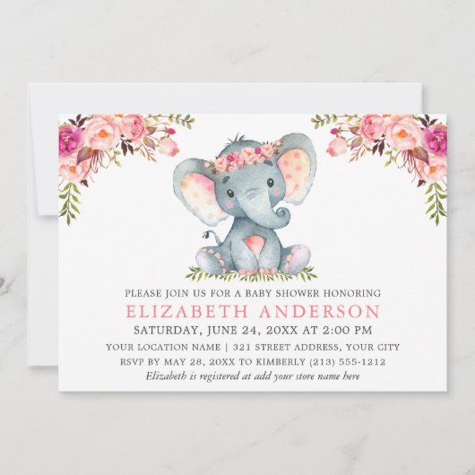水彩ピンクフローラゾウ赤ちゃんシャワー 招待状 (正面)