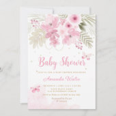 水彩ピンクフローラバタフライガールベビーシャワー 招待状 (正面)