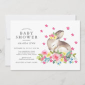 水彩ピンクフローラバニーベビーガールシャワー 招待状 (正面)