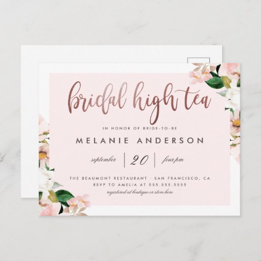 水彩ピンクフローラバラ金ゴールドブライダルハイティー インビテーションポストカード (正面/裏面)