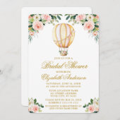 水彩ピンクフローラバルーンブライダルシャワー金ゴールド 招待状 (正面/裏面)