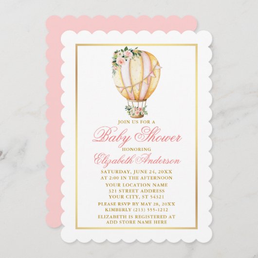 水彩ピンクフローラバルーンベビーシャワー金ゴールド 招待状 (正面/裏面)