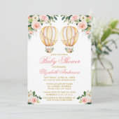 水彩ピンクフローラバルーン双生児シャワー 招待状 (スタンド正面)