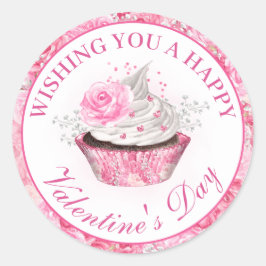 水彩ピンクフローラバレンタインズデイカップケーキ ラウンドシール