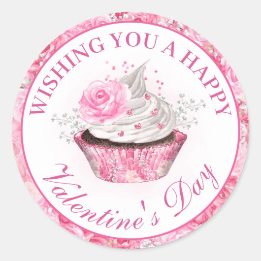 水彩ピンクフローラバレンタインズデイカップケーキ ラウンドシール (正面)