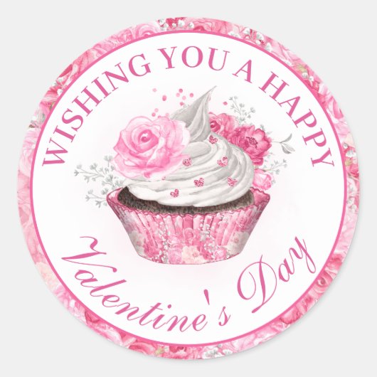 水彩ピンクフローラバレンタインズデイカップケーキ ラウンドシール (正面)