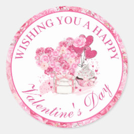 水彩ピンクフローラバレンタインデー ラウンドシール