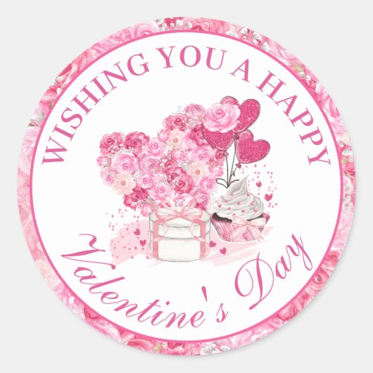 水彩ピンクフローラバレンタインデー ラウンドシール (正面)