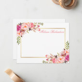 水彩ピンクフローラパーソナライズされた金ゴールドフレーム ノートカード (正面/裏面インサイチュ)