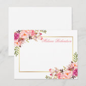 水彩ピンクフローラパーソナライズされた金ゴールドフレーム ノートカード (正面/裏面)