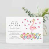水彩ピンクフローラフラミンゴベビーガールシャワー 招待状 (スタンド正面)