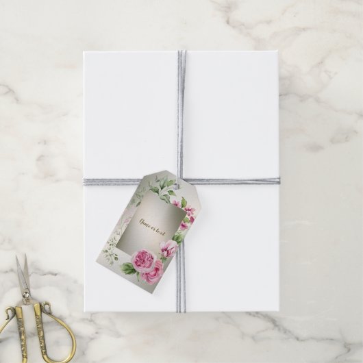 水彩ピンクフローラフレーム光沢のあるブロンズパーティー ギフトタグ (より糸付き)