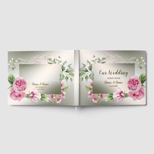 水彩ピンクフローラフレーム光沢のあるブロンズパーティー ゲストブック (全面)